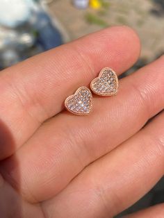 "Amazing stud earrings Solid 925 sterling silver with 14k rose gold plating Stamped 925 for authenticity Wont turn your ears green! 2ct vvs man made diamonds SUPER ICY About 0.35\" (9.5mm) wide perfect large size! Pair weighs around 2.6 grams Screw backs for a secure fit!" Rose Gold Cubic Zirconia Heart Earrings For Anniversary, Rose Gold Heart Cut Earrings, Anniversary Rose Gold Heart Earrings With Cubic Zirconia, Rose Gold Diamond Earrings With Cubic Zirconia, Rose Gold Cubic Zirconia Heart Cut Earrings, Rose Gold Heart Cut Fine Jewelry Earrings, Sparkling Rose Gold Earrings In Fine Jewelry Style, Sparkling Rose Gold Fine Jewelry Earrings, Sparkling Rose Gold Earrings For Anniversary