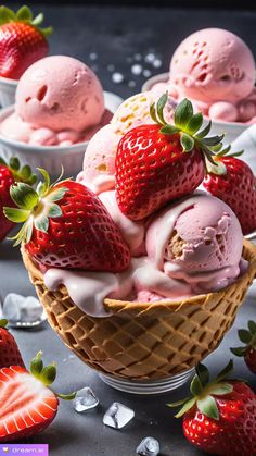 some ice cream and strawberries in a bowl