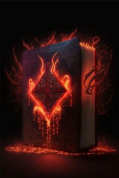 an illuminated book with flames coming out of it