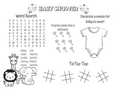 the baby shower word search is shown in black and white, with an image of a lion