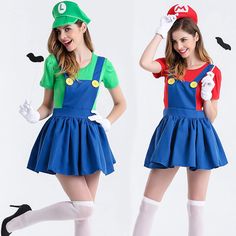 two women dressed in mario and luigi costumes