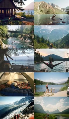 the collage shows many different views of mountains and water, with people camping in hammocks