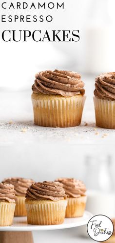 three cupcakes with chocolate frosting sitting on a white cake plate next to each other