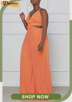 Orange Sexy Casual Solid Backless V Neck Regular Jumpsuits Halter Neck Jumpsuit For Vacation, Vacation Halter Neck Jumpsuits And Rompers In Solid Color, Halter Neck Solid Color Jumpsuits And Rompers For Beach, Solid Color Backless Jumpsuit For Vacation, Orange V-neck Jumpsuit For Party, Backless Solid Jumpsuits And Rompers For Vacation, Solid Two-piece Jumpsuits And Rompers For Party, Solid Color Two-piece Jumpsuits And Rompers For Party, Orange V-neck Jumpsuits And Rompers For Party