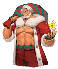 a man dressed as santa claus holding a video game controller in one hand and an object in the other