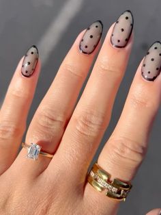 Sheer Black Polka Dot Nails, Navy Polka Dot Nails, Sheer Polka Dot Nails, Nail Ideas Polka Dots, Minimal Dot Nails, Pokadot Nails Fall, Nails For All Black Outfit, Fall Dot Nails, Black Nails With Polka Dots