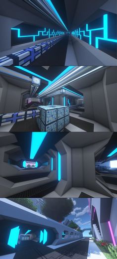 three different views of the inside of a futuristic building with blue and pink lights on it