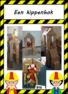 several pictures of cardboard houses made to look like people