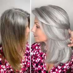 Women With Gray Hair, Blending Gray Hair, Gray Hair Highlights, Long Gray Hair