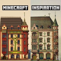 an image of two different buildings with the words minecraft installation above them and below it