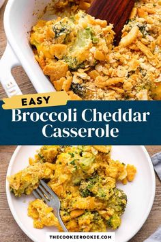 broccoli cheddar casserole in a white dish with a wooden spoon