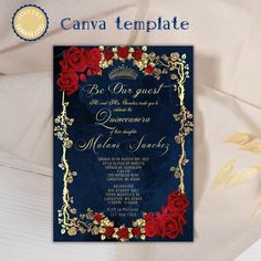 a blue and gold wedding card with red roses