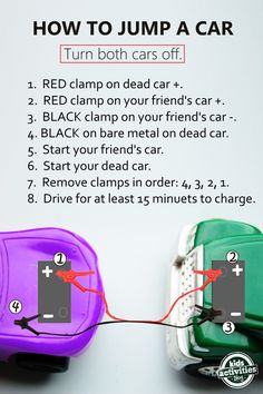 the instructions for how to jump a car are shown in purple, green and red