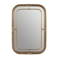 a gold framed mirror on a white background with the reflection of an object in it