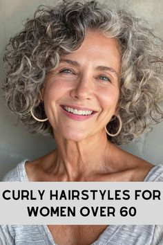 Curly Hairstyles for Women Over 60 >> Forget stiff and formal! A-line cuts become delightfully playful when paired with bouncy, joyous curls. Click here to check out more curly hairstyles that will inspire women over 60 to embrace their natural texture. Gray Curly Bob Hairstyles, Short Curly Hair Styles For Older Women, Gray Curly Hairstyles, Modern Curly Hairstyles, Curly Grey Hair, Pixie 2024