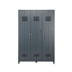 a gray locker with four doors and two drawers on the front, against a white background