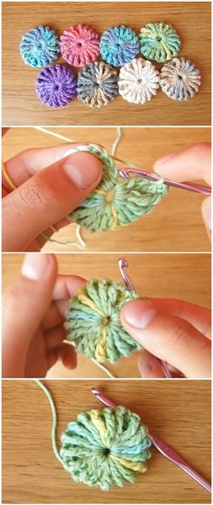 the crochet flower is being worked on by someone's hand, and they are