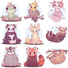 six different types of animals with hearts on their heads and tails, all sitting down