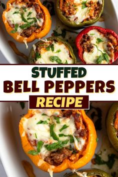 stuffed bell peppers with cheese and herbs in them on a white platter, next to the recipe title