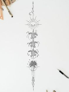 an ink drawing of a tall tower with palm trees and sunbursts on it