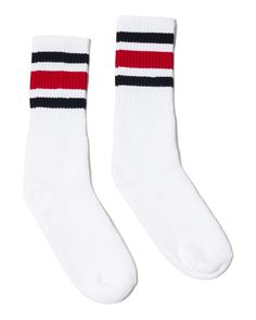 USA-Made Striped Crew Socks - WHITE/ BLACK/ RED - S/M | SOCCO USA-Made Striped Crew Socks in White/Black/Red Size Small/Medium | Cotton/Polyester/Spandex Usa Socks, Purple Cases, Logo Watermark, Crew Sock, Black Socks, Striped Socks, Zippered Tote, Friend Outfits, Unisex Accessories