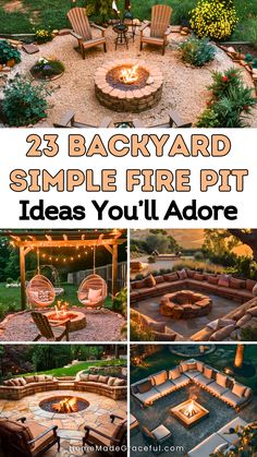 an outdoor fire pit surrounded by lawn furniture and lights with text overlay that reads 25 backyard simple fire pit ideas you'll adore