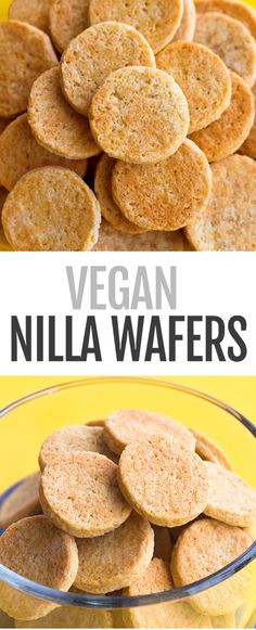 vegan vanilla wafers in a glass bowl with the words, vegan vanilla wafers