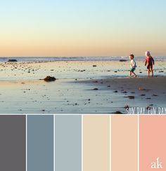 two people walking on the beach at sunset with color swatches in front of them