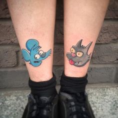 two cartoon tattoos on the legs of people