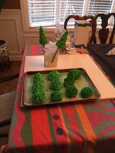 broccoli on a tray sitting on top of a table next to a window