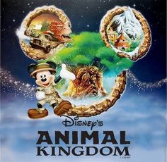 the poster for disney's animal kingdom features mickey mouse and other characters, including an elephant