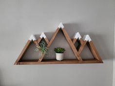 a wooden shelf with two white mountains on it and a potted succulent