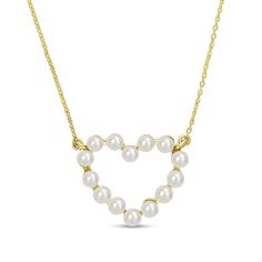 Bring romantic detail to all your favorite looks when you wear this charming freshwater cultured pearl outline heart necklace in 14K gold. Crafted in 14K gold Lustrous freshwater cultured pearls line this classic open heart design. The style suspends centered along a cable chain that secures with a spring-ring clasp. 17.0-inch total length. Heart-shaped Pearl Necklace For Anniversary, Pearl Necklace For Anniversary On Valentine's Day, Gold Elegant Heart Necklace With Pearl Chain, Heart-shaped Dainty Pearl Necklace For Anniversary, Delicate Heart-shaped Pearl Necklaces, Dainty Heart Necklace With Pearl Chain For Valentine's Day, Anniversary Pearl Chain Necklace With Heart Pendant, Delicate Pearl Heart Necklace, Elegant Open Heart Necklace With Heart Beads