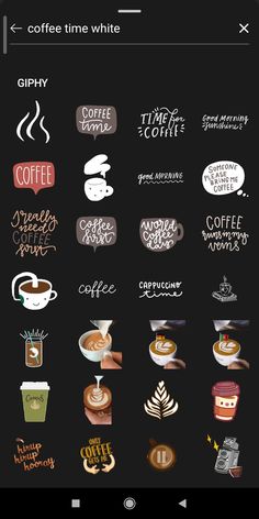 the menu for coffee time white on an android device with icons and text above it