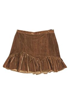 Add some flirtiness to your fall wardrobe with this golden brown velvet skirt by LoveShackFancy! Made with luxurious velvet in a rich golden brown hue, this skirt features playful ruffles at the bottom. Style it with tights, a mock neck top and boot heels for a fun and flirty look. Size 8 100% Polyester Fully lined Invisible side zipper Ruffle bottom detail Waist 32" Hips 38" Length 15.5" Fitted Brown Bottoms With Ruffles, Brown Ruffled Skirt Bottoms, Vintage Brown Skirt For Party, Brown Skirted Bottoms With Ruffled Skirt, Brown Ruffled Skirted Bottoms, Brown Skirted Bottoms With Ruffled Detail, Chic Brown Ruffled Mini Skirt, Brown Ruffled Flared Skirt, Brown Flared Skirt For Party