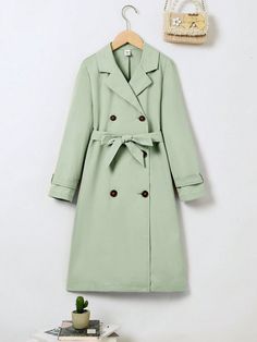 Tween Girl Woven Solid Color Double-Breasted Lapel Casual Long Coat Mint Green Casual  Long Sleeve Woven Fabric Plain Regular Non-Stretch  Tween Girls Clothing, size features are:Bust: ,Length: ,Sleeve Length: Inspiration Mode, Trench Coats, Long Coat, Girls Clothing, Sports Equipment, Mint Green, Woven Fabric, All Fashion, Fashion Inspiration