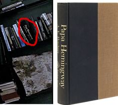 a book with a red circle on it next to a bookshelf filled with books