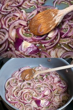 onions being cooked in a pan with a wooden spoon on the side and an image of onion rings cooking