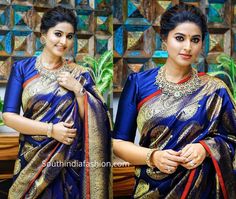 Vbj Jewellery, Gold Kanjeevaram Saree, Sneha Prasanna, Sari Blouse Styles, Royal Blue Saree, Sneha Actress, Blue Silk Saree, Kanjeevaram Sarees, Banaras Sarees