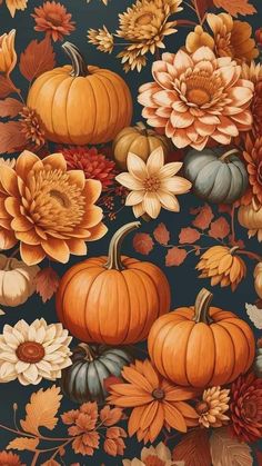 a painting of pumpkins and flowers on a blue background