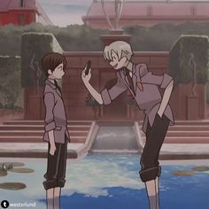 two anime characters are standing in front of a fountain and looking at their cell phones