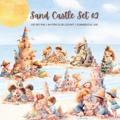 the sand castle set is painted in watercolor and features children playing on the beach