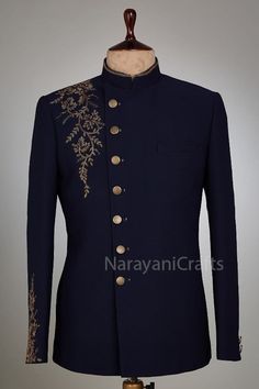 Buy Designer Handmade Embroidered Navy Blue Jodhpuri Bandgala Suit online on Etsy India. Shop for handmade, vintage and unique Mens Wedding Suits items from NarayaniCraftsStudio online on Etsy Bandgala Suits For Men, Men’s Wedding Navy Blue Suit, Reception Look For Men, Wedding Dresses For Men Indian Mens Fashion, Designer Coat Pant For Men, Designer Suits For Men Classy, Blezars For Men Wedding, Unique Suits For Men