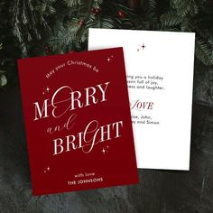 two red and white christmas cards with the words merry and bright written in silver on them