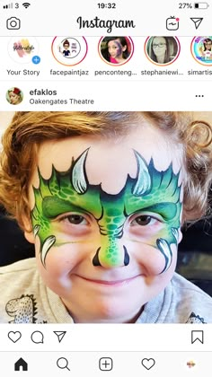 Face Painting Ideas For Boys, Dinosaur Face Paint, Dragon Makeup Kids, Dragon Face Paint Easy, Triceratops Face Paint, Face Paint Dragon, Dragon Face Paint