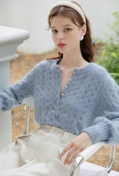 Petite Studio's Paisley Mohair Sweater in Dusty Blue Dusty Blue Outfit Casual, Dainty Sweater, Dainty Clothes, Dusty Blue Outfit, Soft Blue Outfit, Chic Blue Soft Knit Sweater, Wool Sweater Outfit, Cozy Blue Fine Knit Sweater, Blue Academia