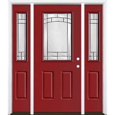 Masonite high-performance fiberglass doors feature distinct panel profiles that rival the detail of a real wood door but will not rust or dent. Additionally, the eye-catching border of Element glass adds a unique focal point to your entrance. Together, this distinctive door design and glass pairing perfectly complements a variety of home styles. Masonite Element 60-in x 80-in x 4-9/16-in Fiberglass Half Lite Left-Hand Inswing Roma Red Painted Prehung Front Door with Sidelights with Brickmould Front Door With Sidelights, Door With Sidelights, Fiberglass Exterior Doors, Steel Front Door, Fiberglass Entry Doors, Craftsman Door, Stained Doors, Victorian Door, Exterior Front Doors