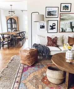 a living room filled with lots of furniture and pictures on the wall above it's coffee table