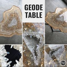 several images of geode table with different shapes and sizes, including the top one in gold