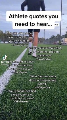 a man standing on top of a soccer field with the words athlete quotes you need to hear